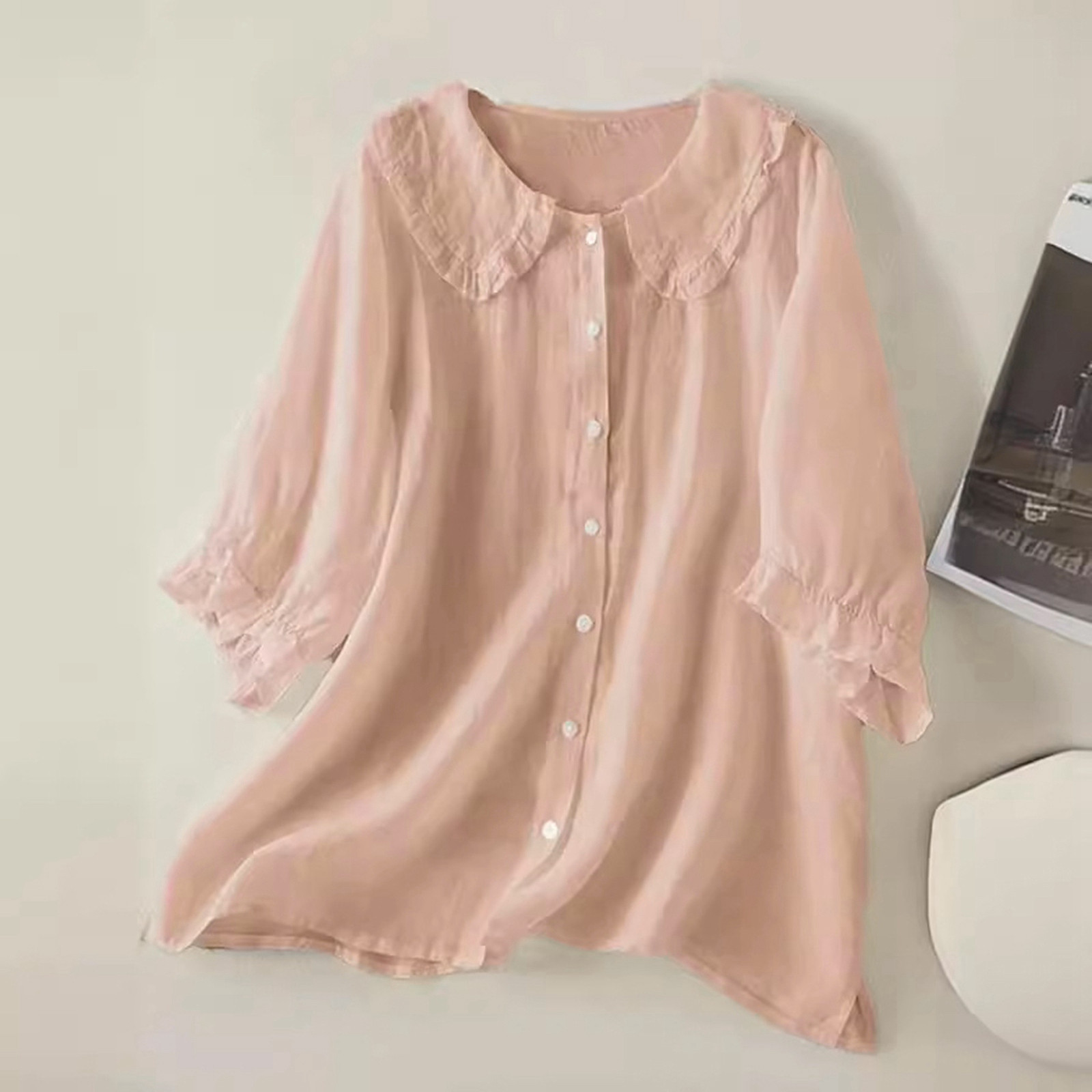 thumbnail image 2 of Camisa de lino de color liso con botones y manga 3/4 para mujer - Top bordado de mezcla de algodón, tallas S-XXXL, 2 of 8